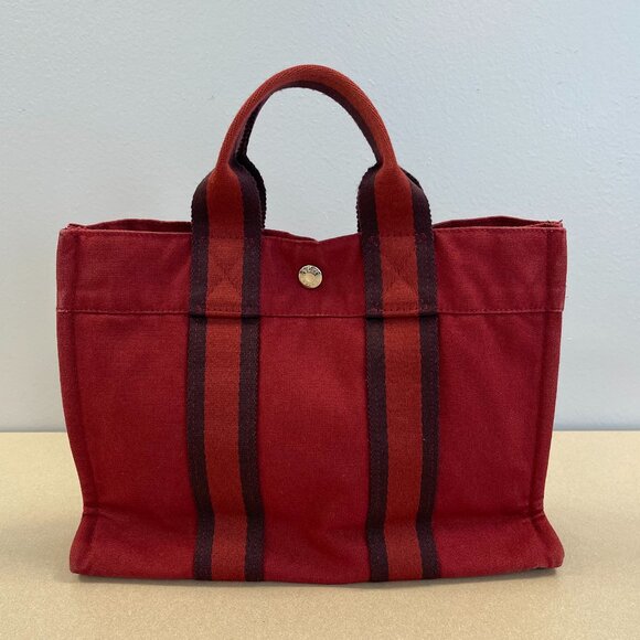 Hermes Vintage Toile Fourre-Tout PM Bordeaux Red w/ Black Stripe Tote - Preowned - Picture 1 of 16